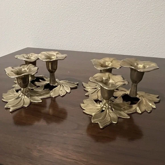 PAIR Brass Flower Candelabra Hollywood Regency Floral Candle Holders Mid Century